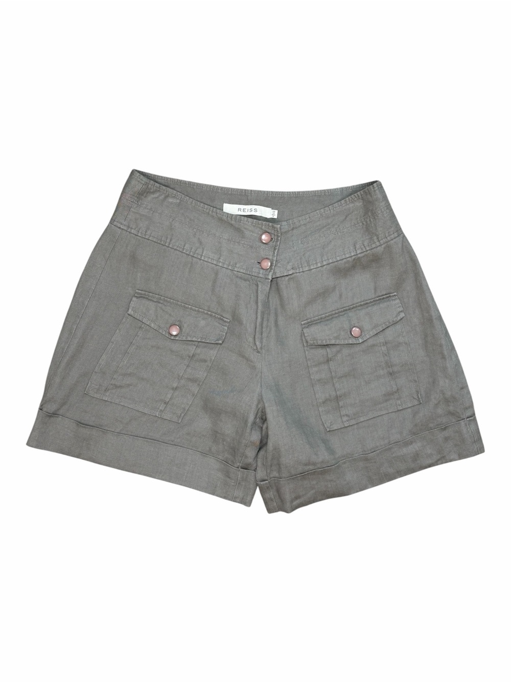REISS Gray 100% Linen Tailored Shorts Utility High Waist Adjustable Size 8